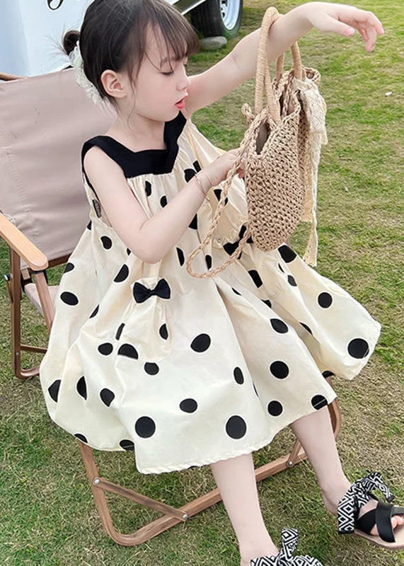 Boutique Beige Print Wrinkled Cotton Kids Spaghetti Strap Mid Dress Summer Bold Silhouette