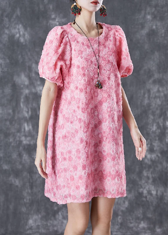 Beautiful Pink Floral Silk Mid Dresses Puff Sleeve Unbeatable Prices