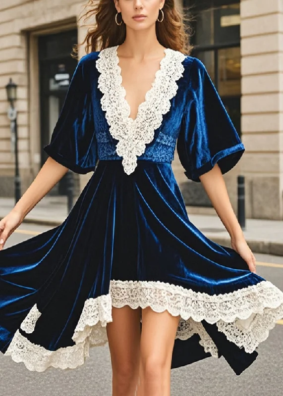 Women Navy Asymmetrical Patchwork Silk Velvet Dresses Summer Elegant Attire