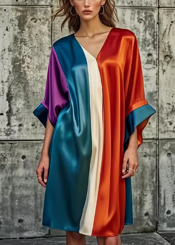 Bohemian Colorblock Asymmetrical Patchwork Silk Day Dress Summer Huge Markdowns