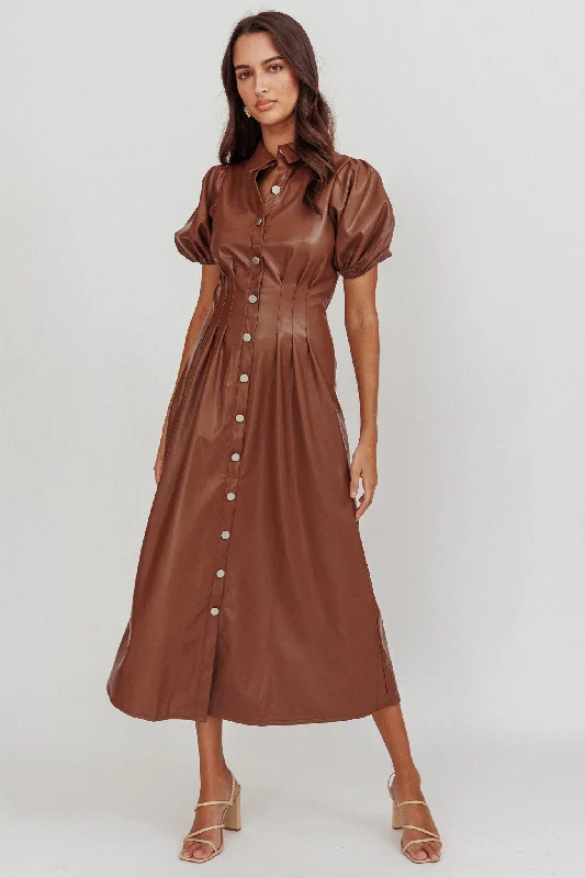 Zurich A-line Puff Sleeve Midi Dress Chocolate Fashion Sale