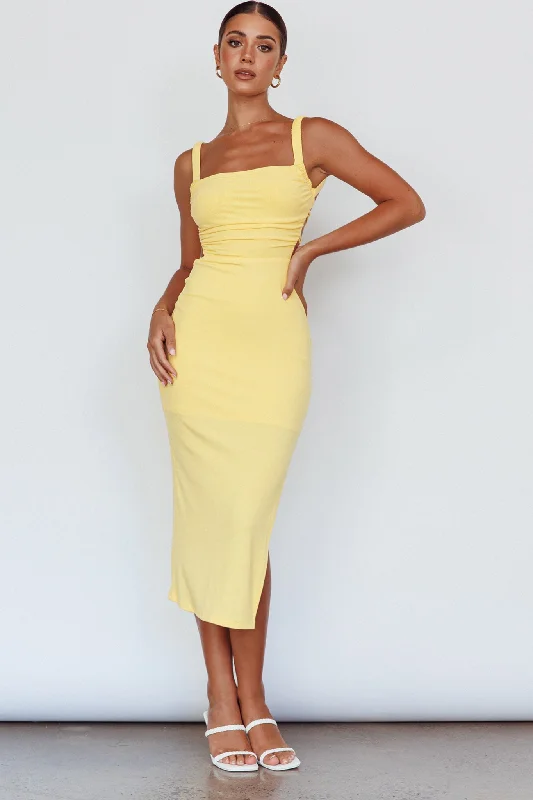 Dream Crush Lace-Up Back Side Split Midi Dress Lemon Vintage Elegance