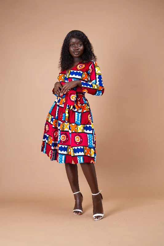 Jessica Ankara Wrap Midi Dress | Red and White Multicolored African Print Limited Styles