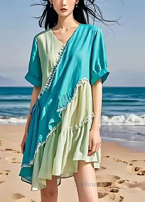 Bohemian Colorblock Asymmetrical Patchwork Ruffled Linen Dresses Summer Chic Style, Always In Vogue