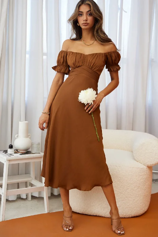 Linka Off-Shoulder Tie Back Midi Dress Chocolate Wardrobe Refresh