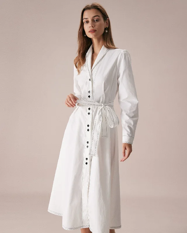 The White Lapel Contrast Stitch Midi Dress Trendy Fashion Sale