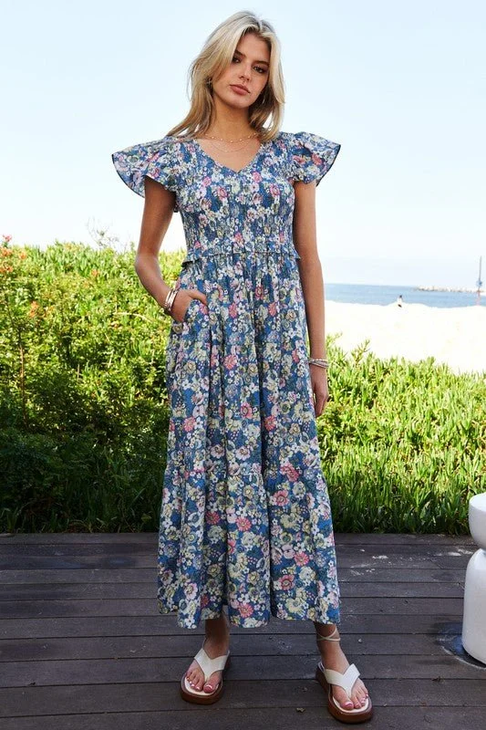 Floral Flutter Sleeve Midi Dress Trendy Styles