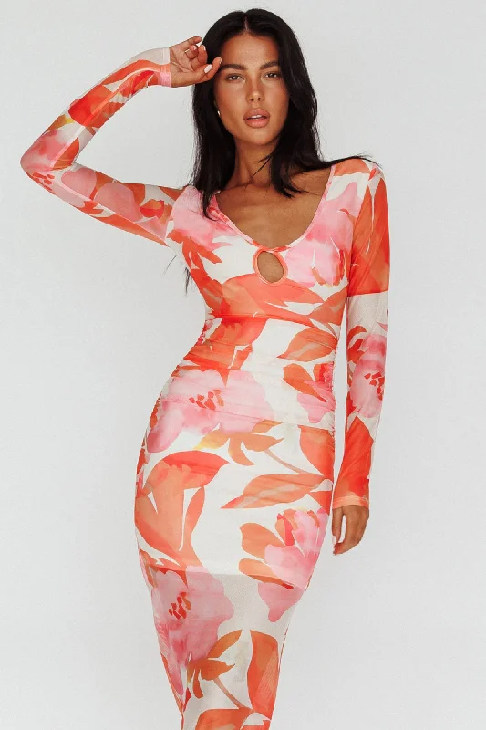 Chardae Long Sleeve Mesh Midi Dress Floral Pink Trendy Street Style