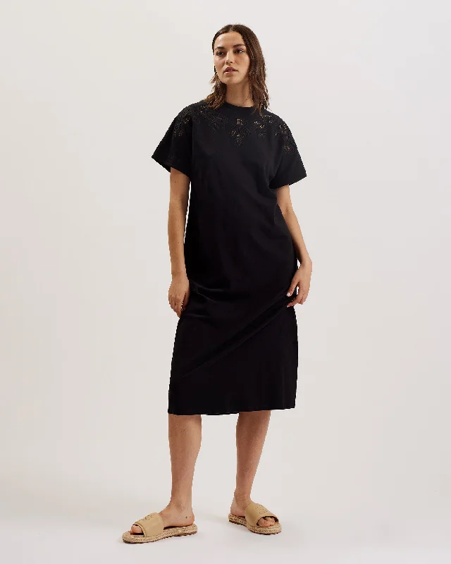 Salyha Embroidered Cut Out Midi Tshirt Dress Black Best Sellers