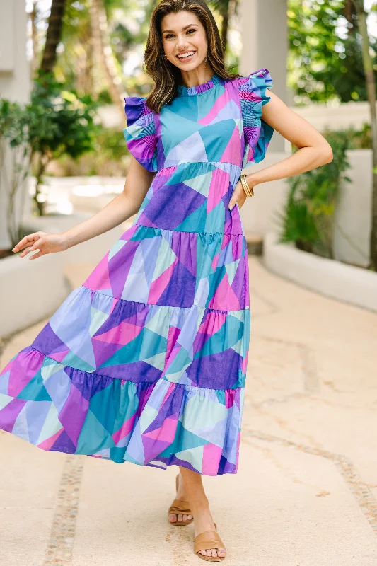 Whatever It Takes Blue Abstract Midi Dress Enjoy Discount