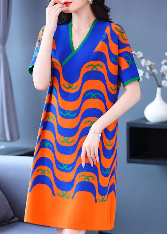 Fine Orange Striped Print V Neck Knit Holiday Dress Short Sleeve Mother's Day Special