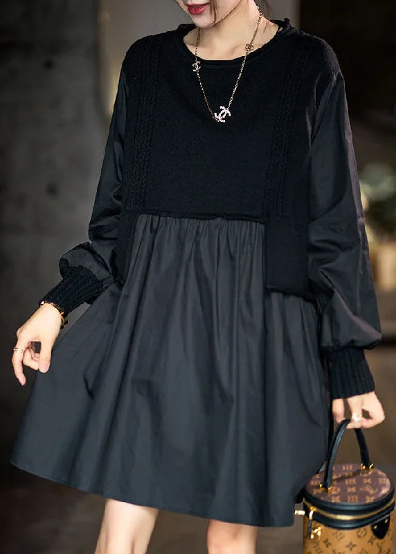 Beautiful Black Asymmetrical Knit Patchwork Cotton Dresses Trendy Fashion For Women