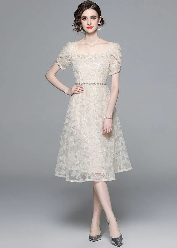 Fashion Apricot Square Collar Zircon Embroideried Tulle Dresses Summer Fashion Forward