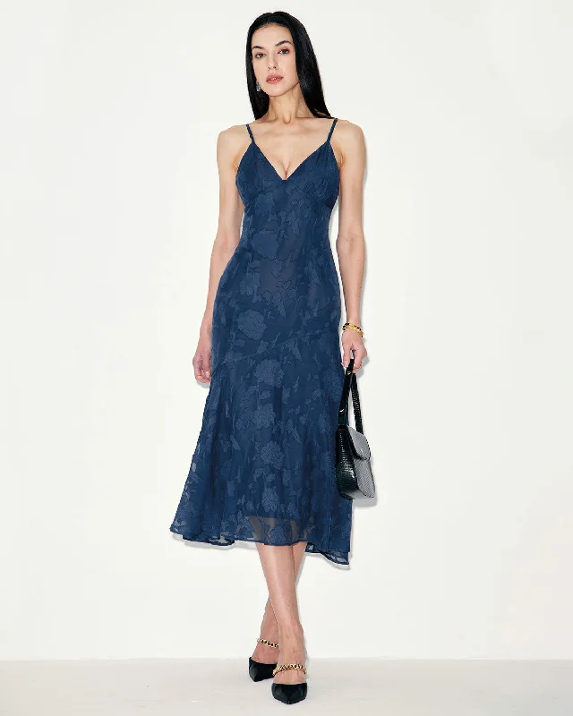 Navy Jacquard Mermaid Slip Midi Dress Romantic Date - Night Ensemble