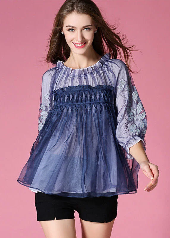 Casual Blue Embroideried Wrinkled Organza Blouses Half Sleeve Casual Weekend Relaxed Style