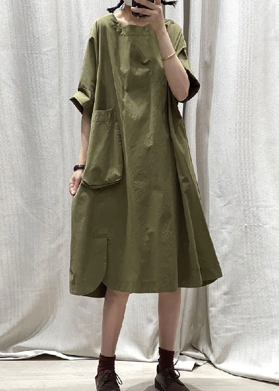 Casual Army Green O Neck Pockets Patchwork Cotton Mid Dress Summer Redefining Women's Fashion