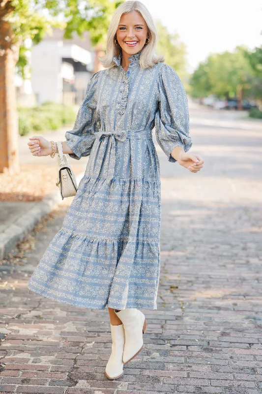 Hold On To Your Dreams Blue Floral Midi Dress Big Discounts