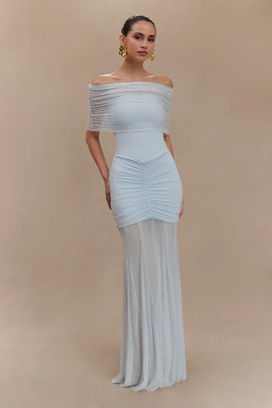 Caspian Slinky And Mesh Off Shoulder Maxi Dress - Pale Blue Odd Size Clearance Sale