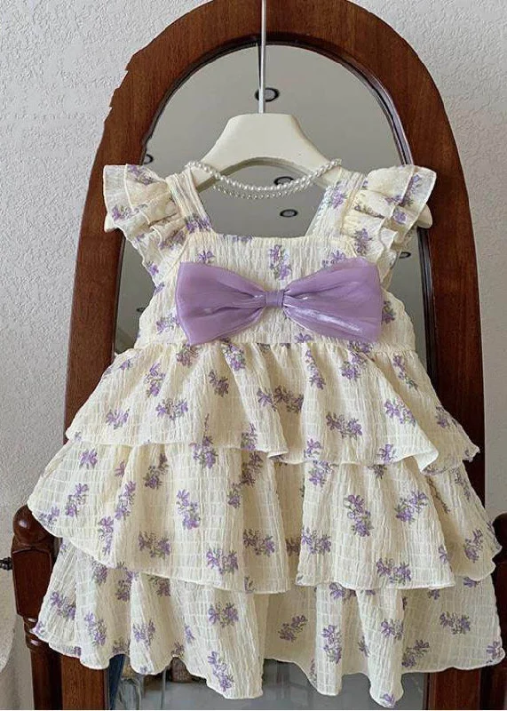 DIY Purple Print Bow Wrinkled Patchwork Cotton Kids Girls Dress Summer End Of Season Clearance