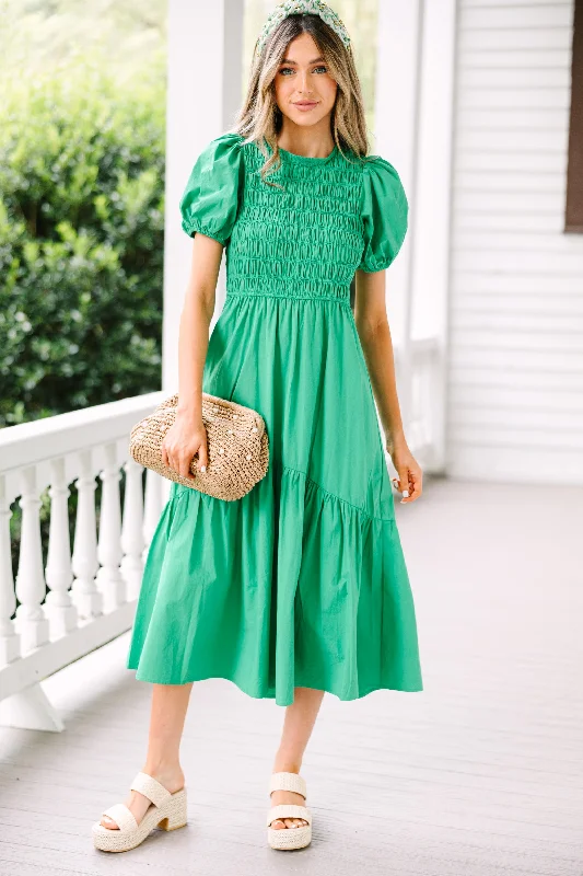 No Limits Green Smocked Midi Dress Feminine Charm