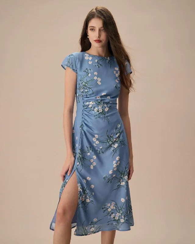 The Blue Round Neck Slit Floral Midi Dress Trend Forward Threads