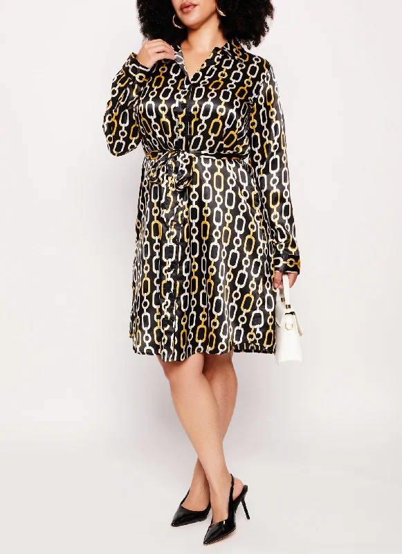 Plus Size Satin Chain Print Button Front Shirt Dress Huge Price Cut