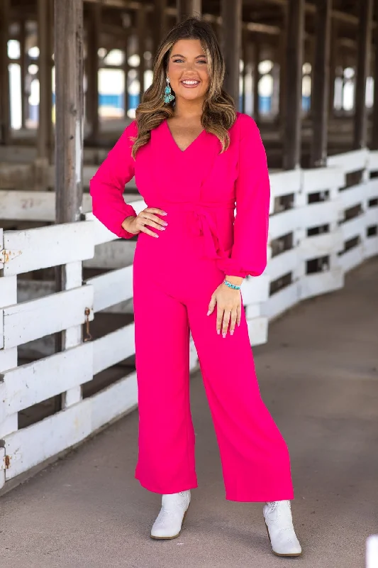 Hot Pink Long Sleeve Self Tie Waist Jumpsuit Lighten Up With Nordic Styles