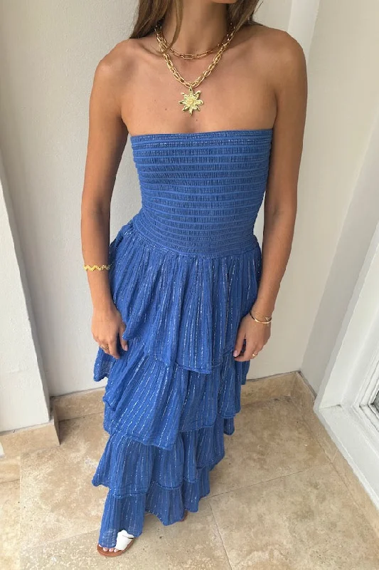 Tiered Maxi Dress Royal Blue/Gold Now On Sale For Chic Urban Styles