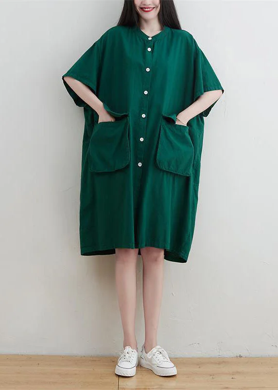 Modern Green Oversized Pockets Linen Maxi Dress Short Sleeve Modern Women's Fashion