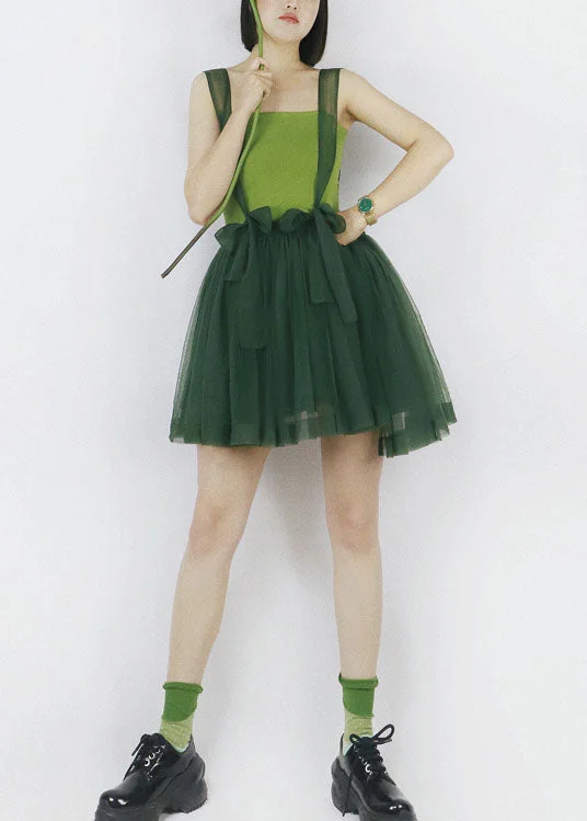 Art Blackish Green Asymmetrical Design Tulle Spaghetti Strap Dress Summer Elegant Attire