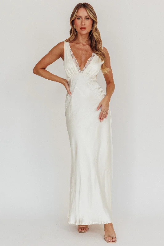 Ivonne Lace Trim V-Neck Maxi Dress Oyster Sophisticated Cut