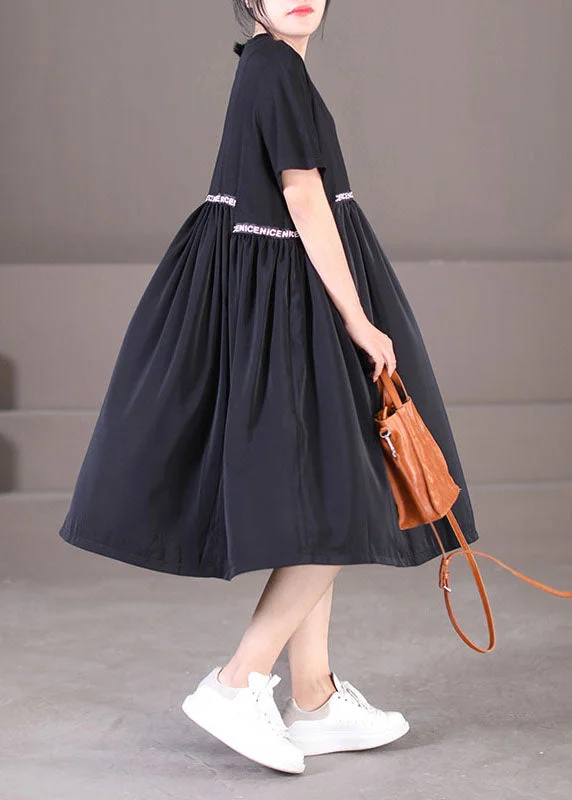 Plus Size Black O-Neck Oversized Letter Applique Pleated Dress Summer Weekend Special