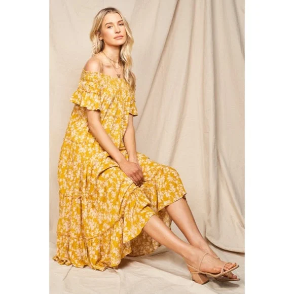 Moss Yellow Floral Flowly Bohemian Tiered Off The Shoulder Casual Midi Dress Fashion Sale