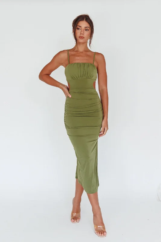 Mary Jane Gathered Bust Tie Back Midi Dress Olive New Arrivals