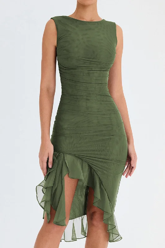 Wendy Ruffle Ruched Midi Dress Spring Fashion