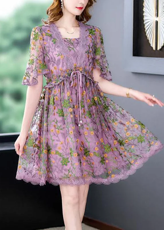 Style Purple Embroideried Lace Up Lace Maxi Dresses Summer Wardrobe Update