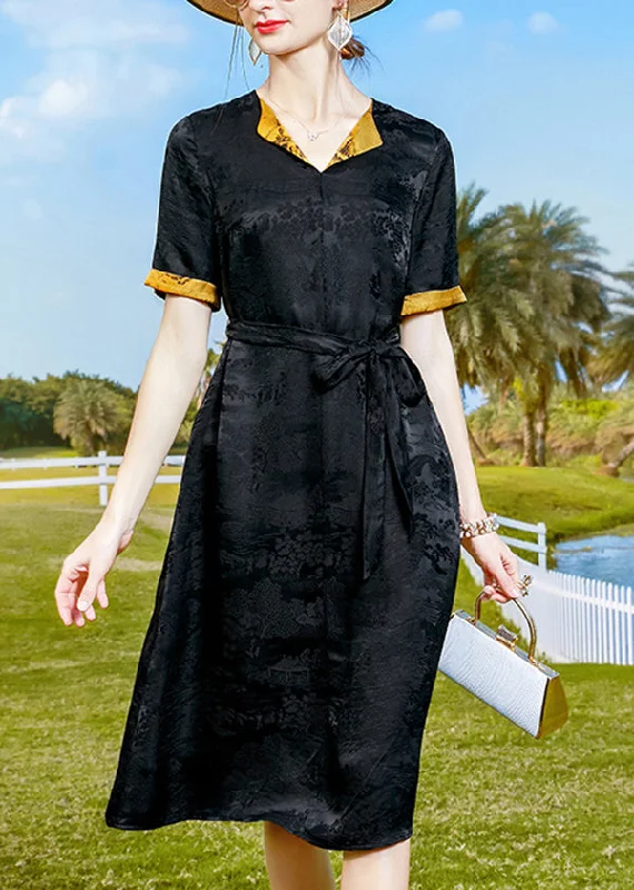 Elegant Black Jacquard Tie Waist Silk Oriental Dresses Short Sleeve Pastel Styles