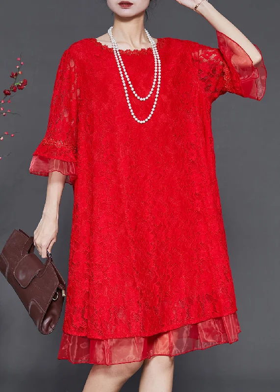 Handmade Red Oversized Patchwork Lace Mid Dress Flare Sleeve Casual Chic