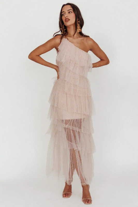 Arrabel Tiered Ruffle Tulle Maxi Dress Blush High End Designer Brands Discount