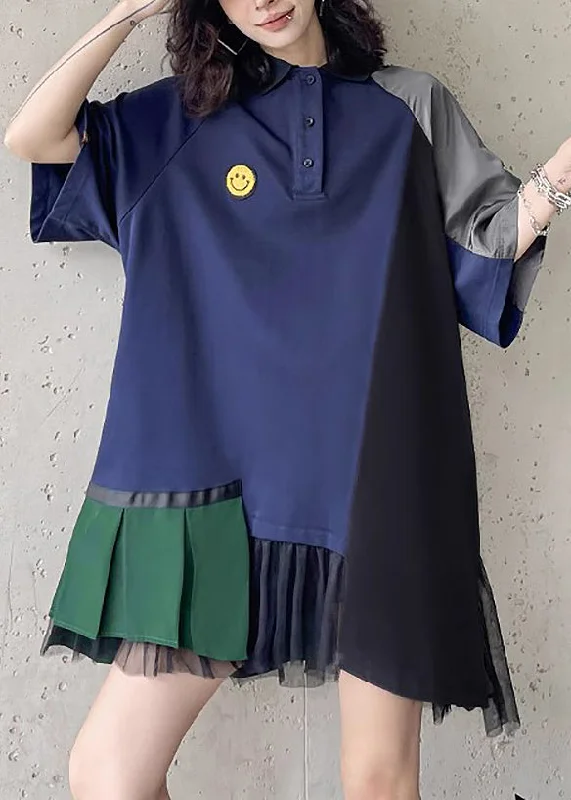 Loose Navy Peter Pan Collar Asymmetrical Patchwork Cotton Mid Dress Summer Budget Saver