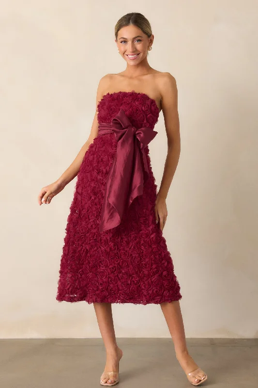 Raising The Bar Wine Floral Applique Midi Dress Chic Style, Always In Vogue