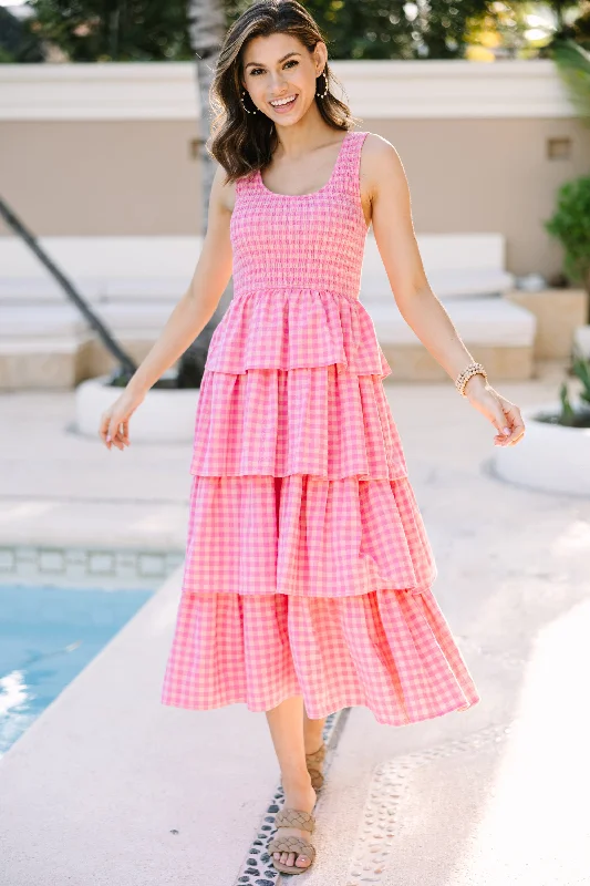 Look Your Way Pink Gingham Midi Dress Discover Promotions