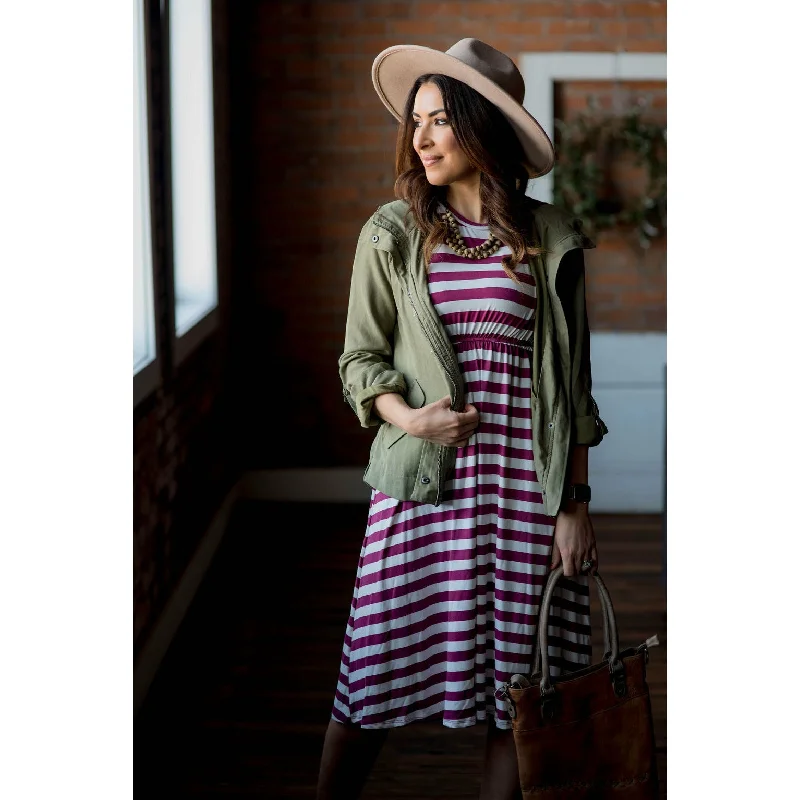 Magenta Striped Midi Dress Classic Timeless Elegant Style