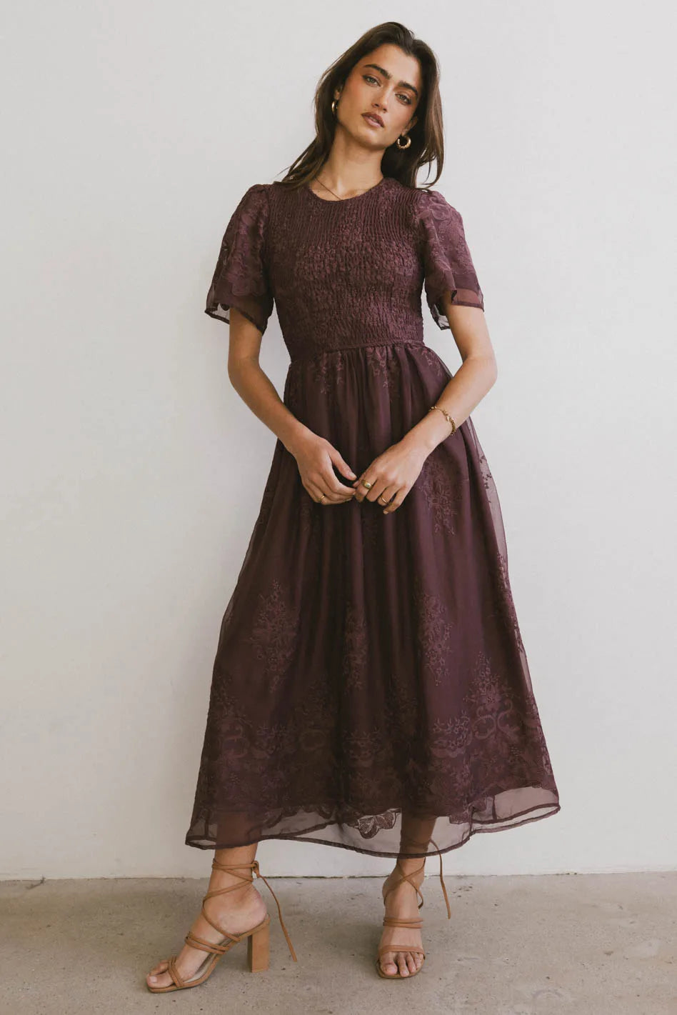 Alora Embroidered Dress in Maroon Hot Deals