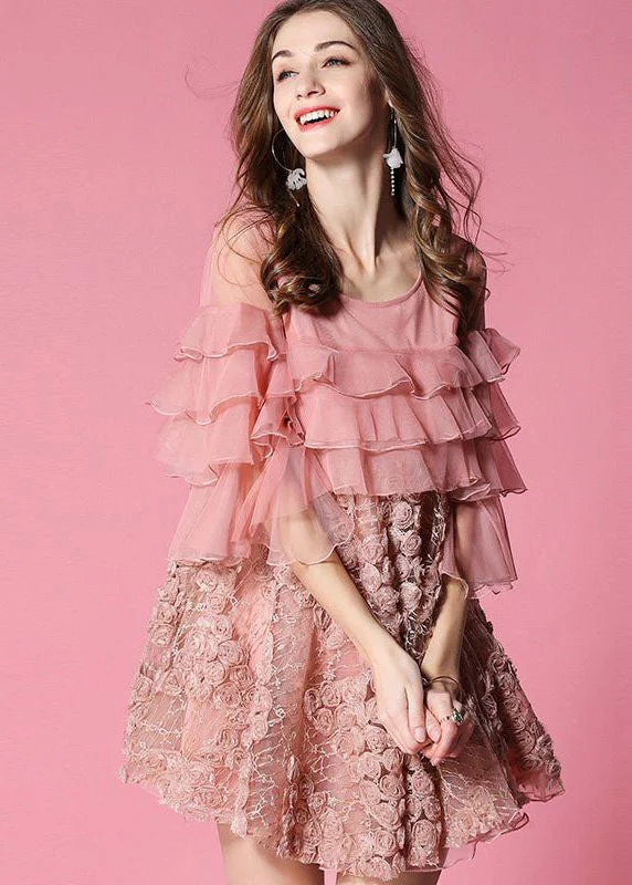 Casual Pink Ruffles Patchwork Applique Tulle Dress Half Sleeve Limited Time Offer