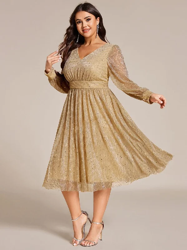 Plus Size Glitter Midi Wedding Guest Dress with Long Sleeves Trendy Fashion Sale