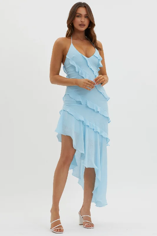 Arrabel Tiered Ruffle Asymmetric Midi Dress Blue Stylish Basics