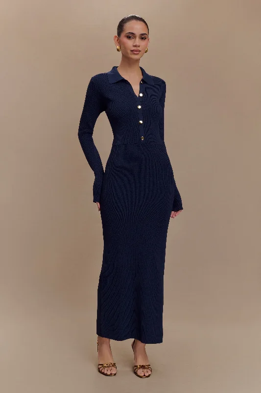 Abbey Buttoned Knit Midi Dress - Navy Trendy Threads