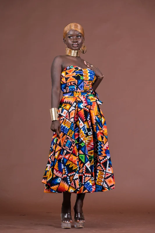 Teni Ankara Strapless Tube Midaxi Dress | Yellow and Blue African Kente Print Fashion Forward