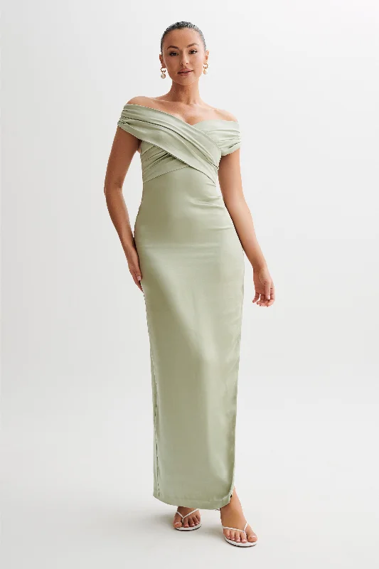 Harley Off Shoulder Satin Maxi Dress - Sage Buy More, Save More